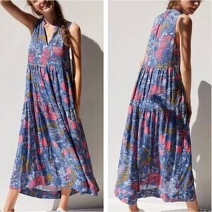 Anthropologie Maeve Marya Tiered Midi Modal Dress Blue Floral sz S Boho Prairie